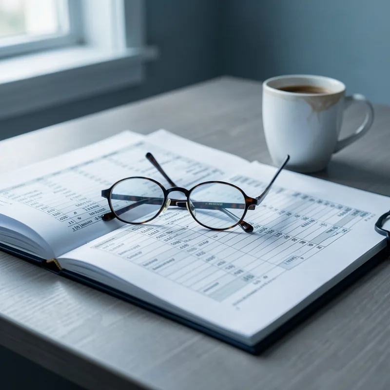 Bureau de direction vide avec un dossier ouvert et une paire de lunettes posée dessus