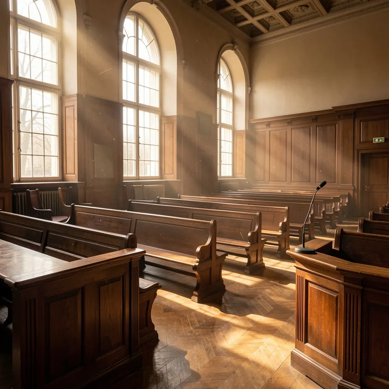 Salle d&rsquo;audience d&rsquo;un tribunal de commerce, sièges vides et pupitre en bois