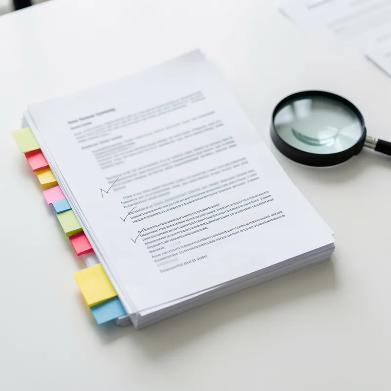 Documents contractuels annotés au crayon, empilés sur une table de réunion claire
