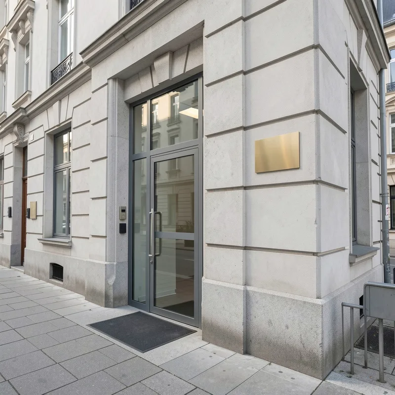 Immeuble de bureaux vu depuis la rue, plaque professionnelle sans inscription lisible