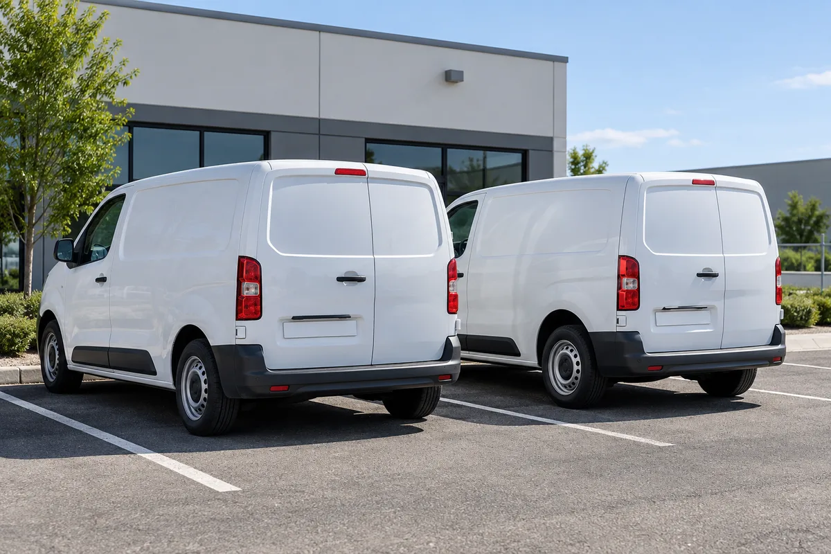 Deux utilitaires unis garés côte à côte sur un petit parking d&rsquo;entreprise