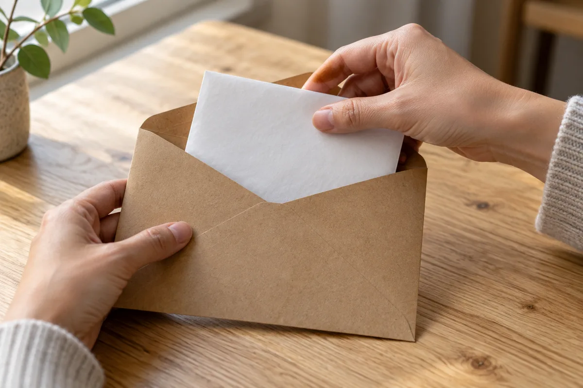 Mains glissant une lettre pliée dans une enveloppe sur une table en bois