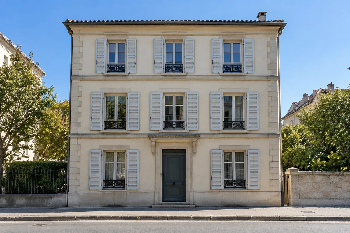 Façade d&rsquo;un petit immeuble résidentiel aux volets clairs et à la porte fermée
