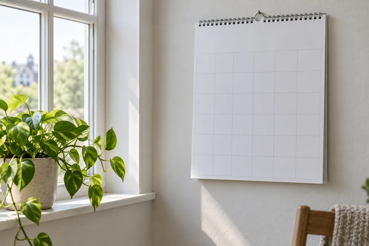 Calendrier mural vierge accroché près d&rsquo;une fenêtre avec une plante verte