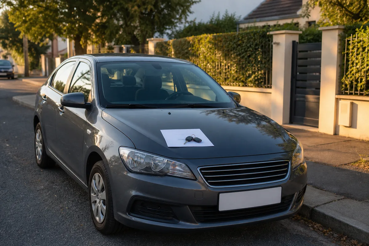 Véhicule d&rsquo;occasion garé devant un domicile, certificat de cession posé sur le capot