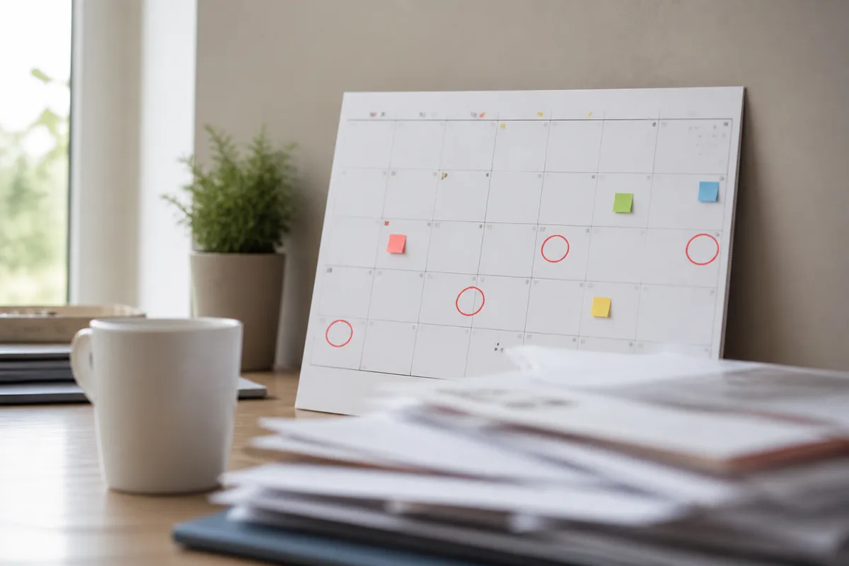 Calendrier mural annoté posé à côté de documents d&rsquo;assurance et d&rsquo;une tasse