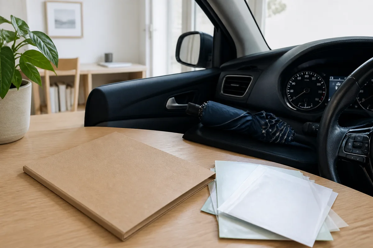 Compteur kilométrique et documents d’assurance dans un habitacle de voiture