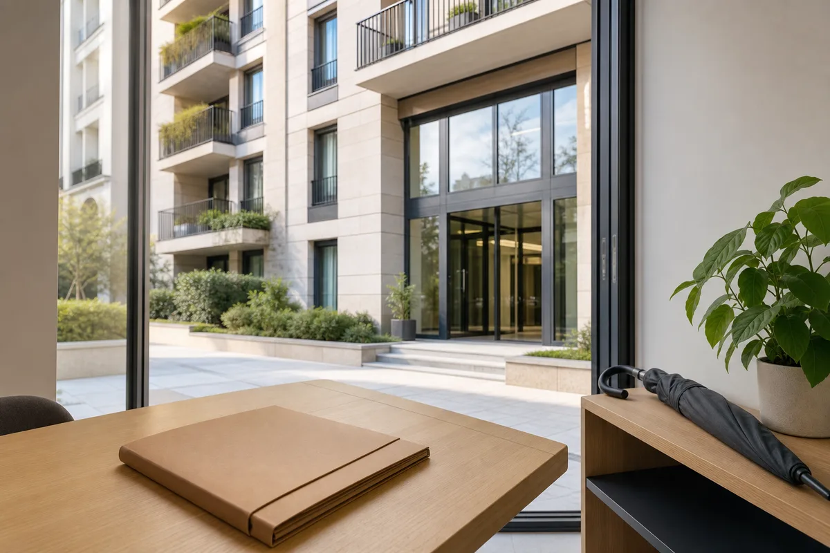 Façade d&rsquo;un immeuble en copropriété avec balcons et entrée vitrée