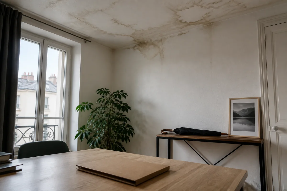 Traces d&rsquo;infiltration sur un plafond d&rsquo;appartement