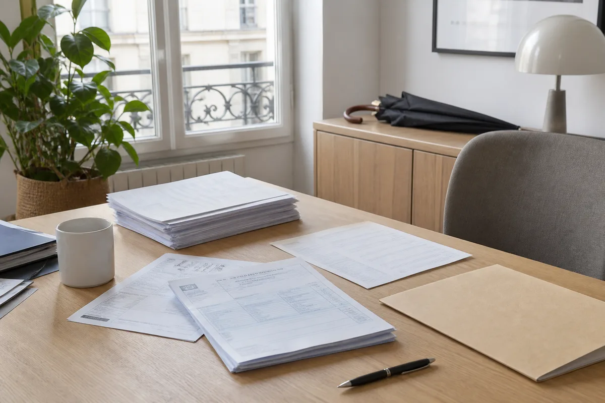 Documents de paie et bulletins posés sur un bureau d&rsquo;entreprise