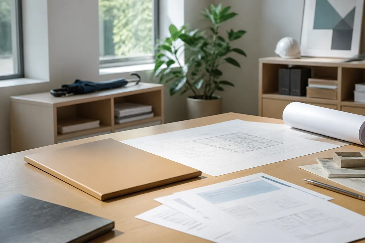 Documents d’assurance et plans de construction posés sur un plan de travail