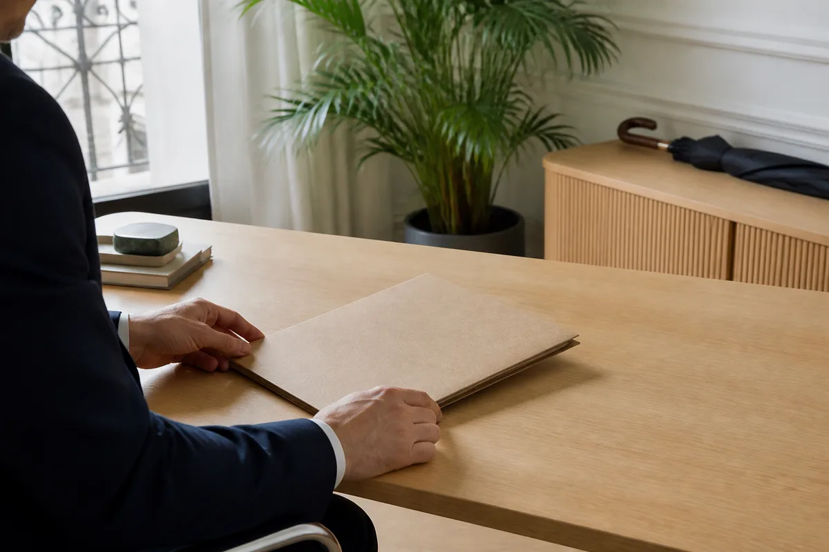 Un professionnel examine un dossier de sinistre posé sur un bureau clair